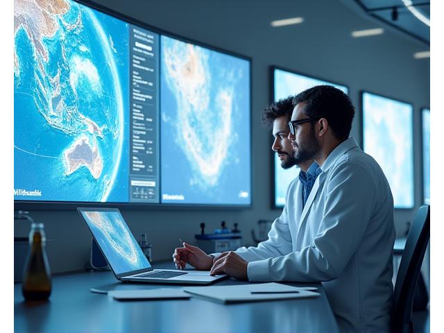 Pesquisadores em laboratório analisando dados oceanográficos com computadores