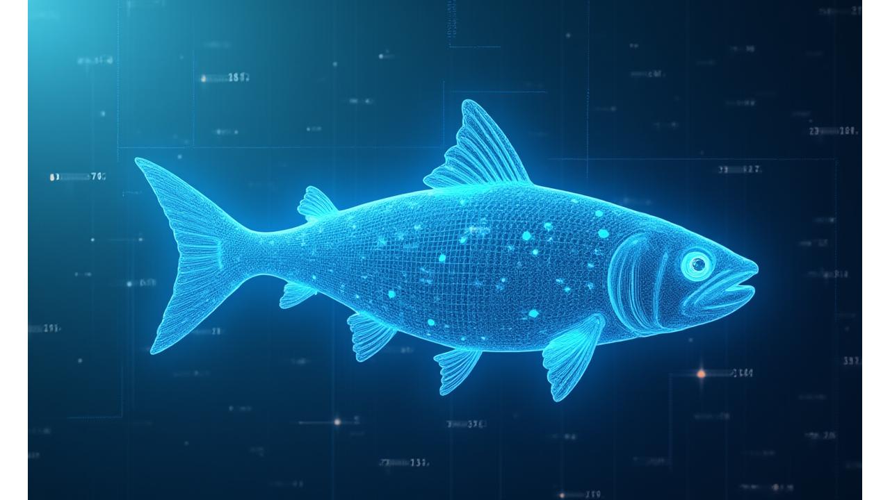 Modelo matemático complexo representando a predição de estoques pesqueiros com linhas de dados e gráficos flutuantes, sobreposto por uma projeção holográfica de um cardume de peixes.