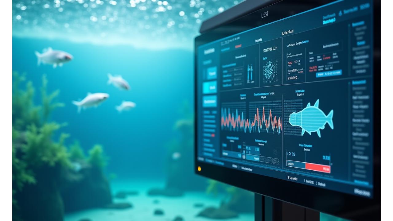 Interface de inteligência artificial mostrando gráficos e alertas de comportamento anômalo em peixes de aquicultura.