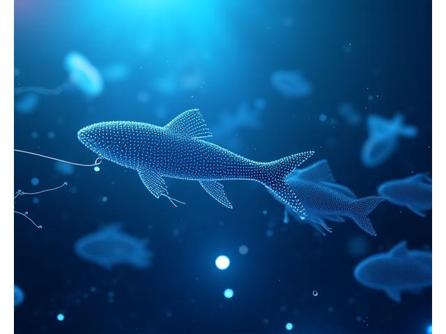 Representação visual de um algoritmo de IA aprendendo com dados de comportamento de peixes em um ambiente aquático virtual, com gráficos de progresso.