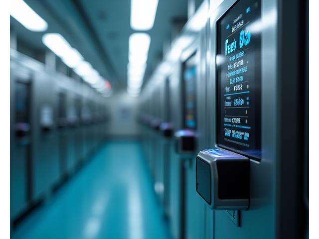 Módulo de controle de alimentação automatizada em uma fazenda de peixes, com uma interface digital mostrando dados em tempo real e dispensadores de ração automatizados em ação.