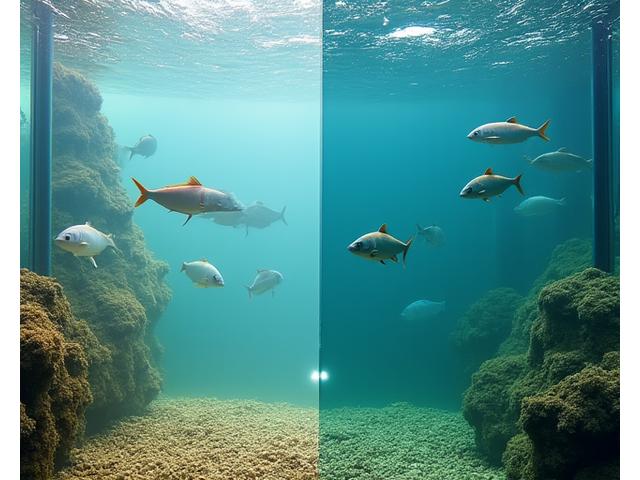 Imagem comparativa de águas claras com peixes saudáveis devido à alimentação otimizada, contrastando com áreas de menor qualidade em segundo plano.