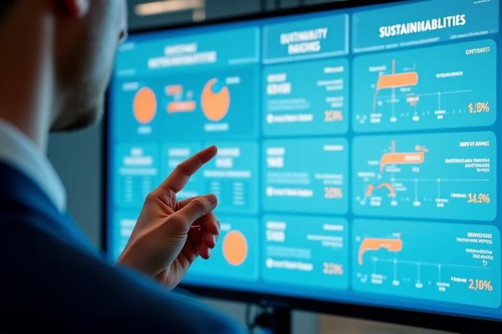 Painel público exibindo métricas de sustentabilidade e dados de ESG para stakeholders.