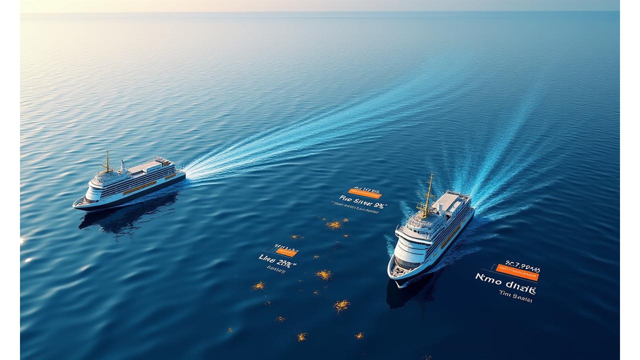 Demonstração interativa de algoritmo traçando rota de pesca otimizada em um mapa marítimo digital, comparando com rota tradicional e mostrando metas de economia em tempo real.