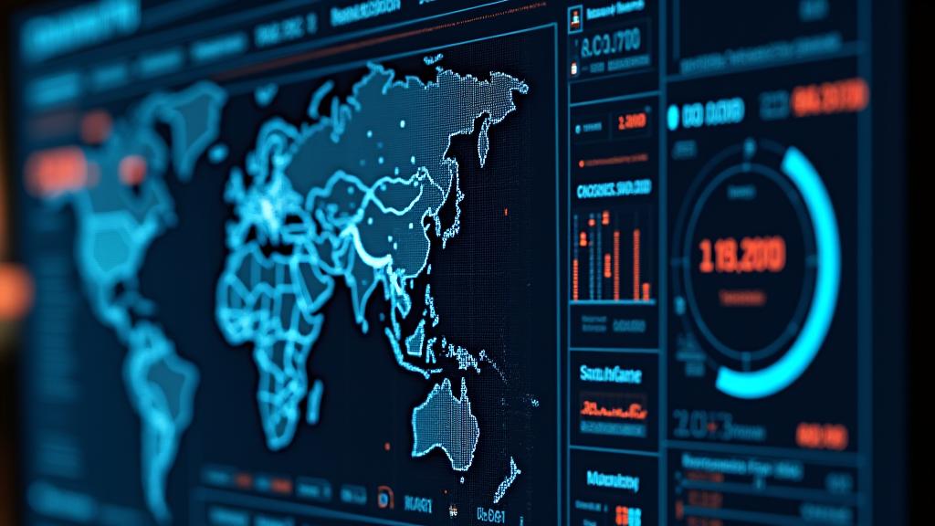 Um dashboard digital mostrando métricas de segurança de dados, monitoramento em tempo real e proteção cibernética.