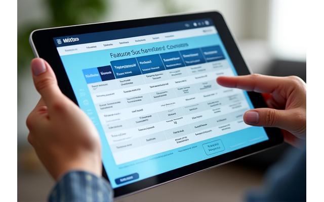 Pessoa navegando em uma interface de usuário de seleção de planos de assinatura em um tablet, com gráficos de mercado ao fundo