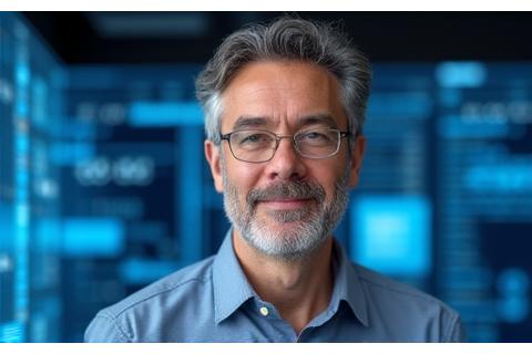 Retrato profissional do Dr. Carlos Silva, um homem com feições amigáveis e olhar concentrado, em um ambiente de laboratório com telas.