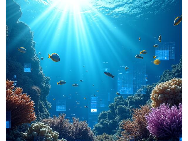 Representação de ecossistemas marinhos com elementos de dados e gráficos transparentes, simbolizando o escopo dos serviços de matemática aplicada